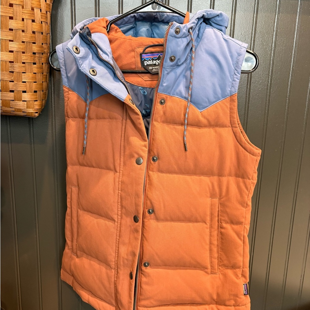 Patagonia Tan & Light Blue Hooded Puffer Vest
